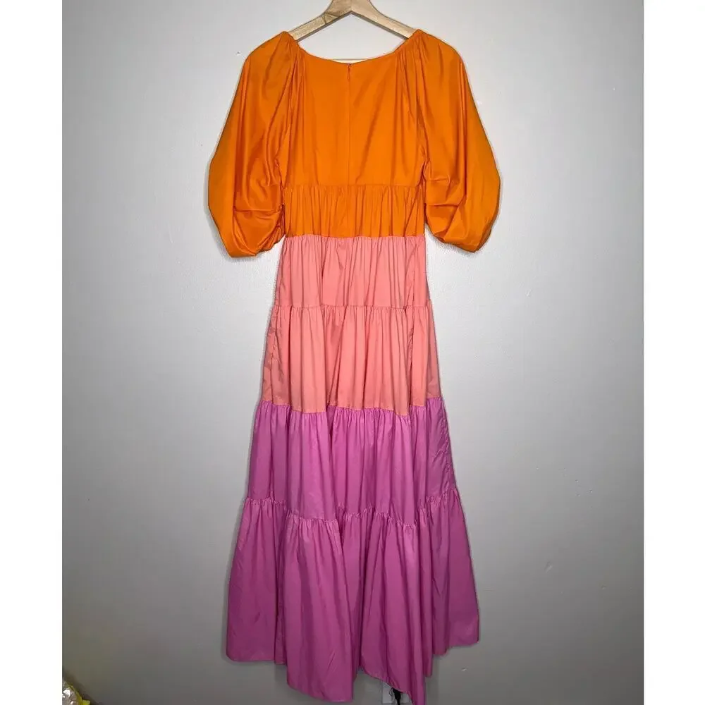 Staud Meadow Color Block Maxi Dress Puff Sleeves Pink Orange Size XS V-Neck